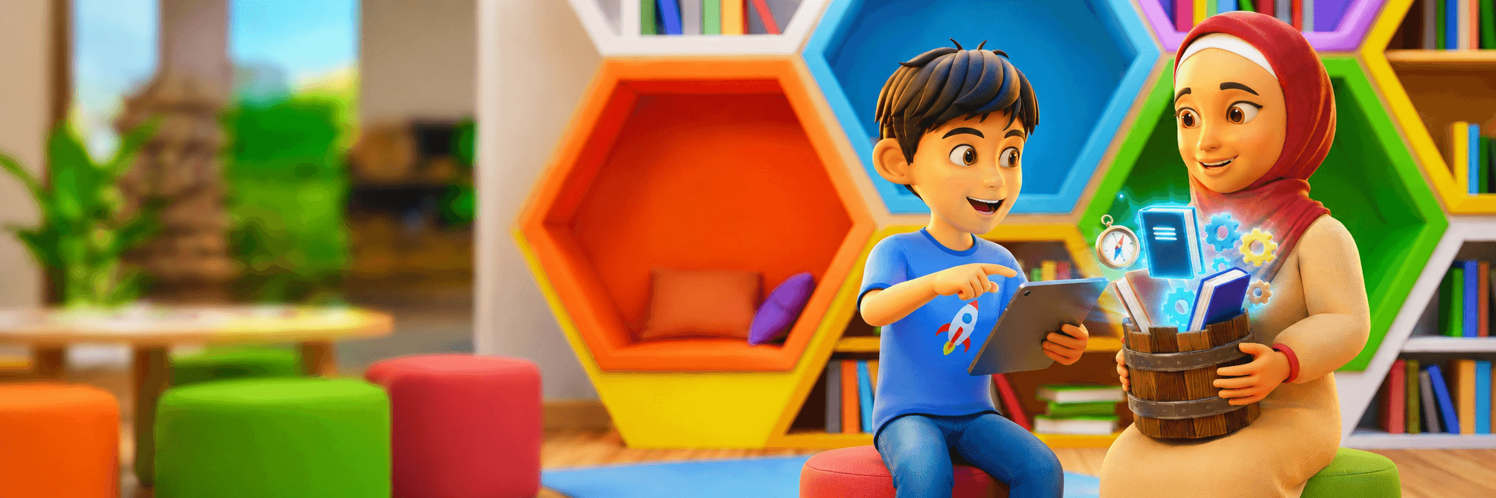 Maryam and Zayn in a colourful classroom